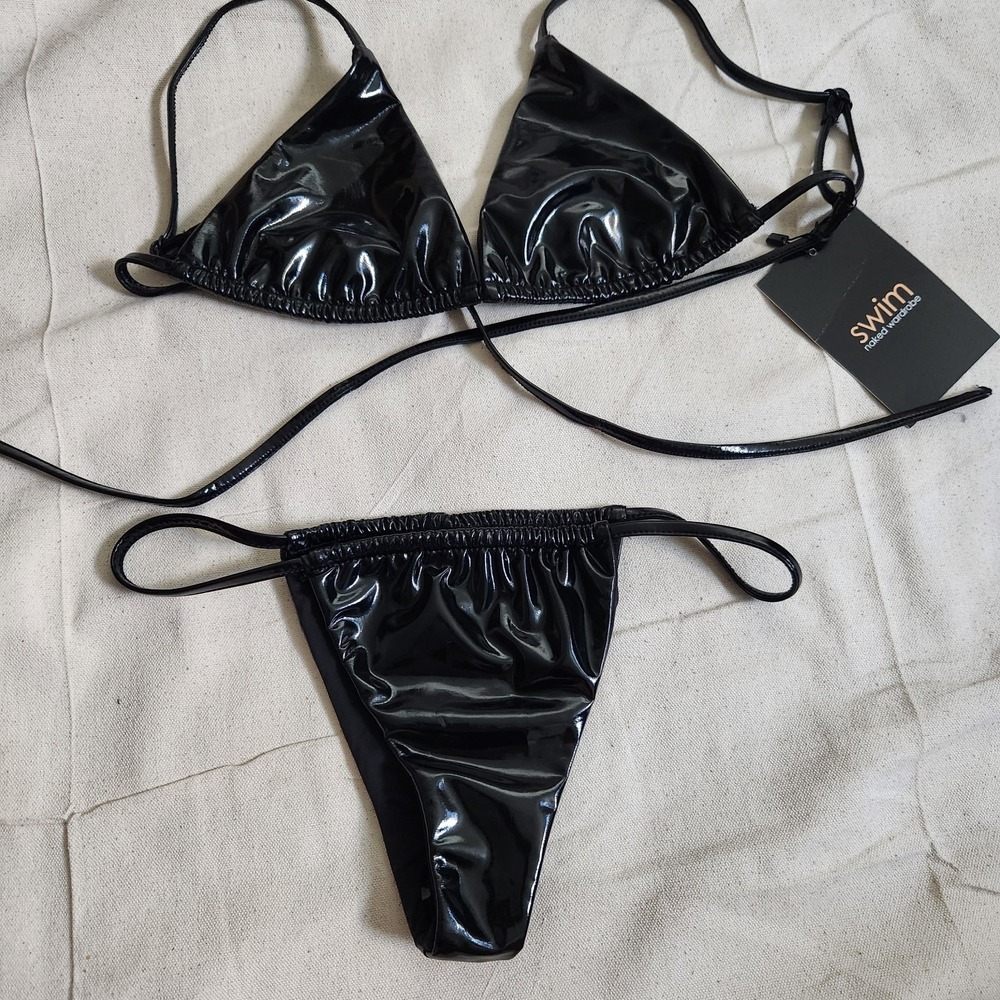 New Naked Wardrobe Swim 2 Piece Bikini Set S Glossy Black Patent Rave Festival